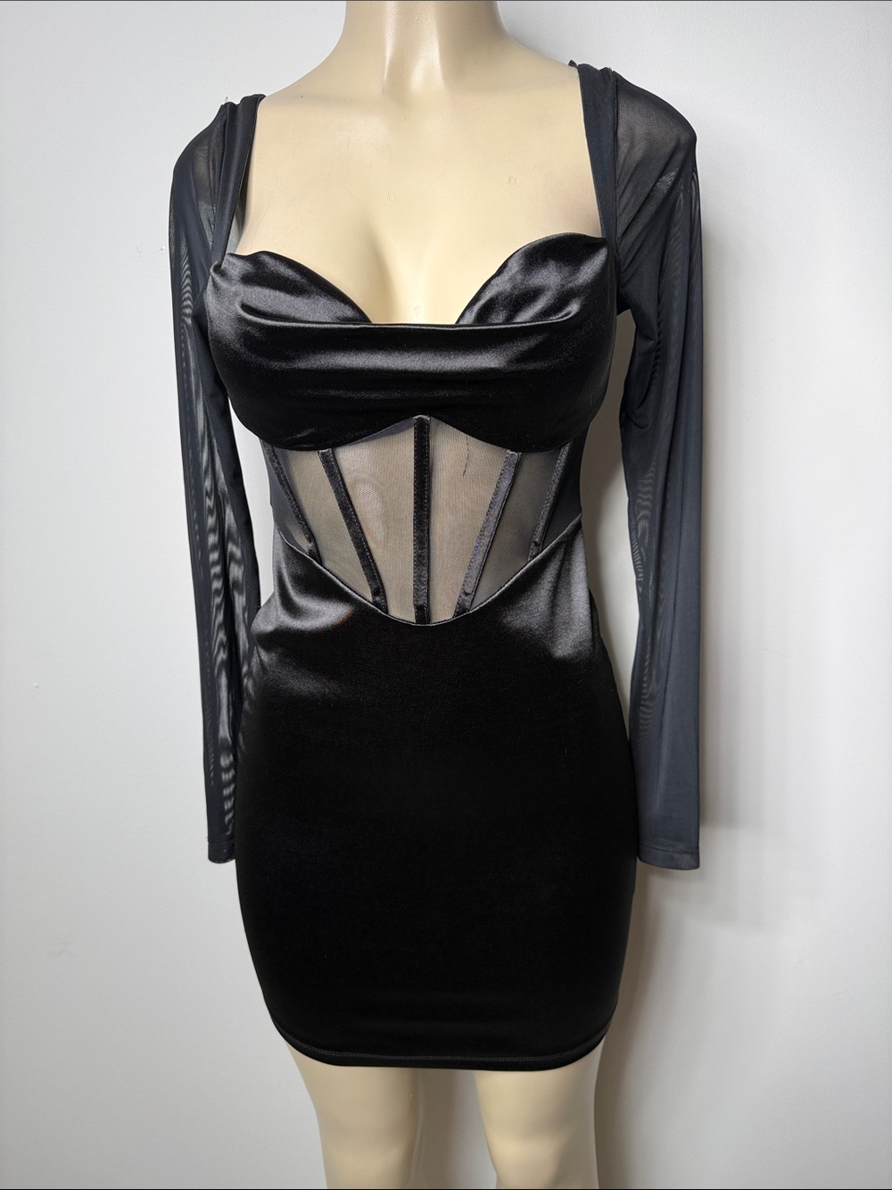Princess Polly Black Satin & Mesh Long Sleeve Corset Mini Dress - Picture 1 of 9